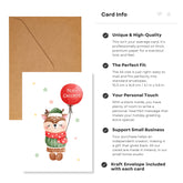 Christmas card with a reindeer holding a red balloon and an envelope on a white background.